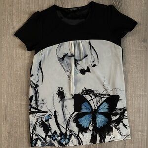 Black and White Top with Blue Butterfly Print